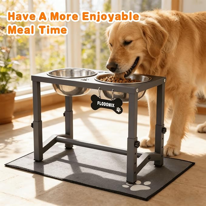 Elevated Dog Bowls, 4 Height Adjustable Metal Raised Bowl Stand with 2 Thick Stainless Steel Food Bowls & Spill-Proof Mat, Adjusts to 13.6'', 12.2'', 10.9'', 9.5'' for Large/Medium Breeds - Image 3