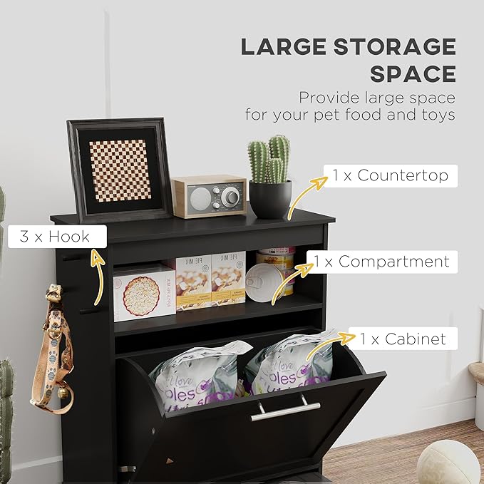 PawHut Dog Feeding Station with Raised Bowls, Pet Feeder Station, Black | Dog Food Storage Cabinet, Hanger for Feeding & Watering Supplies - Image 4