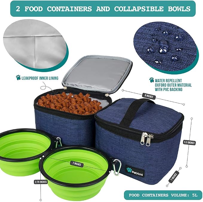 PetAmi Dog Travel Bag Organizer, Pet Travel Kit with 2 Food Containers & 2 Collapsible Dog Bowls, Pet Supplies Tote with Luggage Sleeve, Weekend Road Trip Camping Essentials, Navy Blue, Large - Image 3