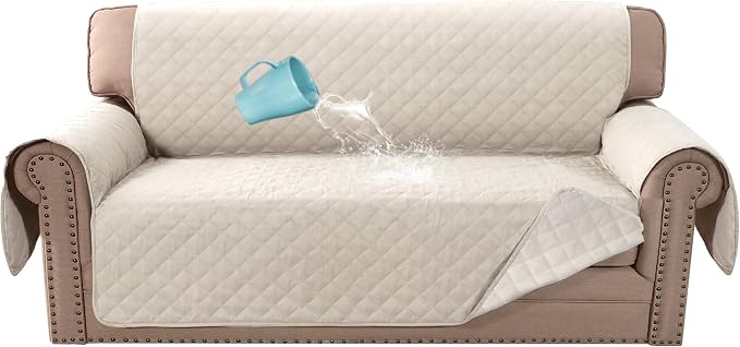 H.VERSAILTEX Couch Slip Cover, Loveseat Covers for 2 Cushion Couch, Dog Sofa Protector, Furniture Covers for Pets, 100% Waterproof Cover with Non-Skid Backing & Elastic Straps(Loveseat, Coconut Milk) by HVERSAILTEX