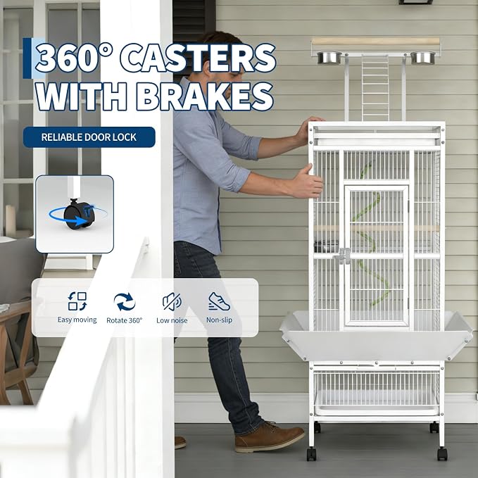 60" h Large Bird Cage, Indoor Parakeet Cage with Playtop, Bird Rope Perche, Heavy Duty Wrought Iron Bird Cage on Wheels for Parrots, Parakeets, Cockatiels, Conures - Image 5