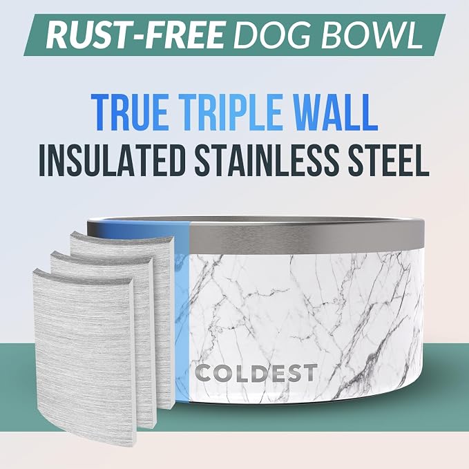 Coldest Dog Bowl - Anti Rust Metal, Non Slip, 3 Layers Insulated Stainless Steel Dog Bowls - Spill Proof & Heavy Duty - Water Bowl for Dogs, Cats & Pets, Dish Washer Safe (200 oz, Carrara Marble) - Image 3