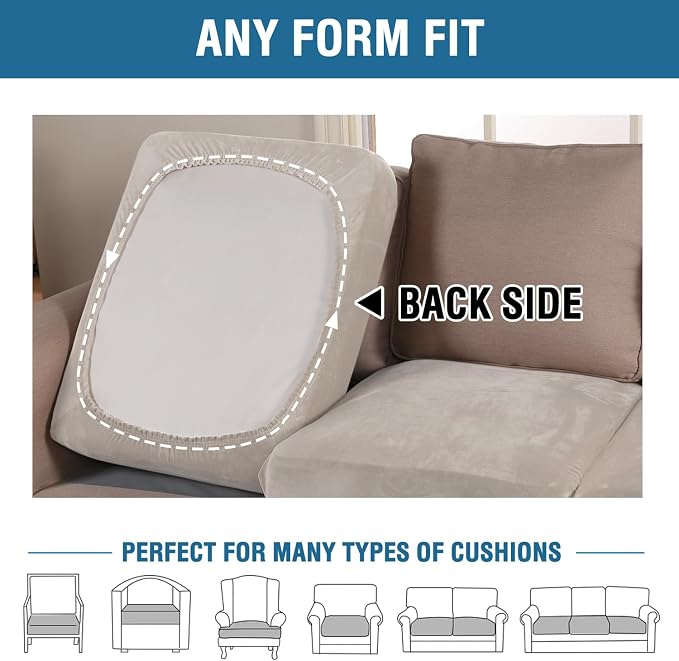 H.VERSAILTEX Velvet Stretch Couch Cushion Cover Plush Cushion Slipcover for Chair Loveseat Sofa Cushion Furniture Protector Seat Cushion Sofa Cover (3 Piece XL Sofa Cushion Covers, French Oak) - Image 5