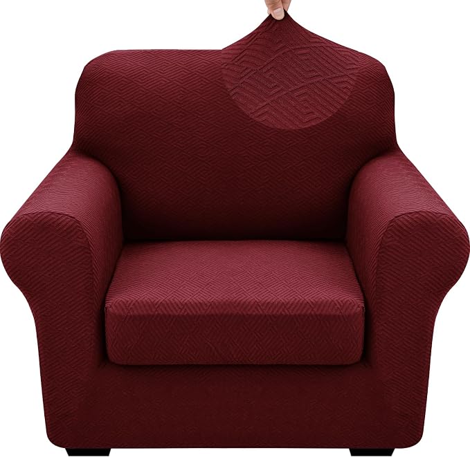 XINEAGE 2026 New 2 Pieces Chair Covers with Arms Super Stretch Chair Slipcover for Living Room Pet Dog Universal Slip Cover Anti Slip Armchair Furniture Protector (Wine Red), 31"-46"(1 Cushion) by XINEAGE