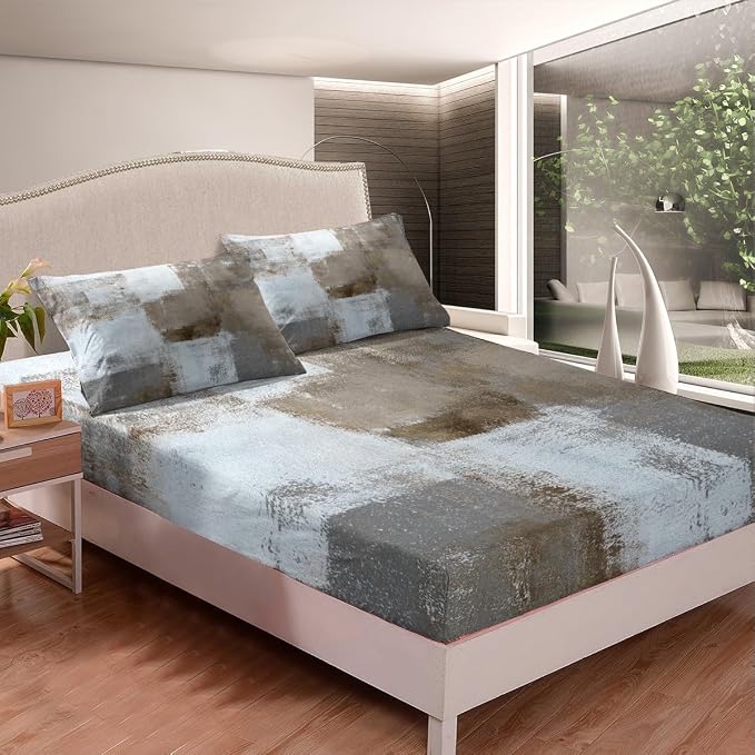 Brown Sheet Set for Kids Teens Youth,Retro Style Tie Dyed Bed Sheets,Grey and White Ombre Watercolor Artwork Bedding Set Full,Grunge Contemporary Fitted Sheet + Flat Sheet Wrinkle Free + 2 Pillowcases - Image 4