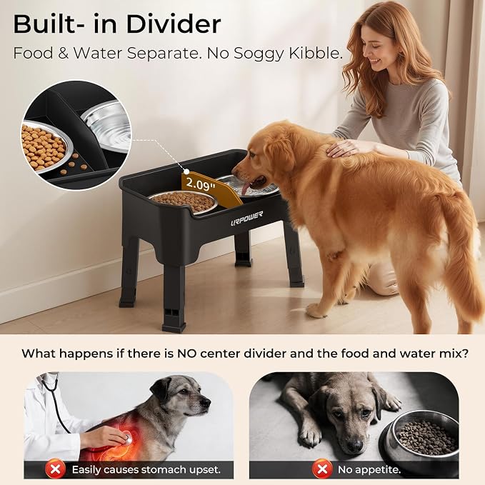 URPOWER Mess Proof Elevated Dog Bowls, Splash Guard Raised Bowl Stand | 4 Height Adjustable Raised Stand with 2 Stainless Steel Food Bowls & Licking Plate for Small, Medium & Large Dogs - Image 4