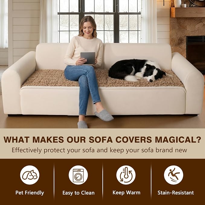 OHSIO Couch Cover for Pets, Washable Non-Slip Sofa Cover Pet Friendly, Soft Fuzzy Teddy Fleece Sofa Slipcover for 2-3 Cushion Sofa Furniture Protector (Light Brown, 27.6" x 63") - Image 7