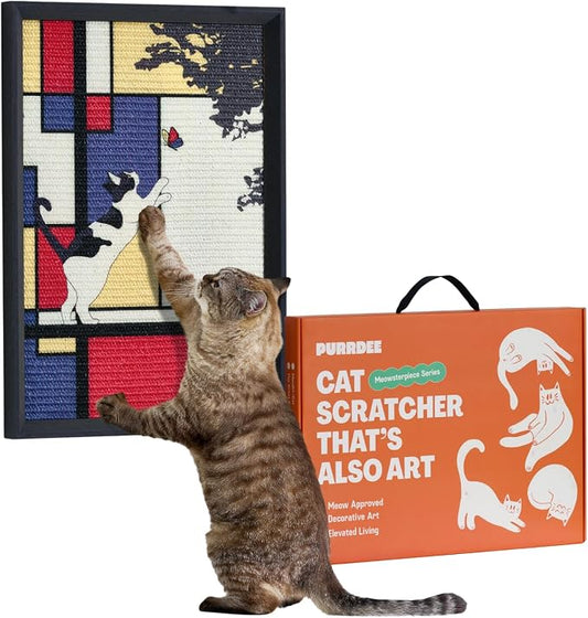 Decorative Wall Art Cat Scratcher for Vertical Scratching, 14"x20" Framed Sisal Scratch Pad Mat with Renter-Friendly No-Drill Wall Mounted Setup, Durable Alternative to Cardboard (Mondrian's Cat) by PURRDEE