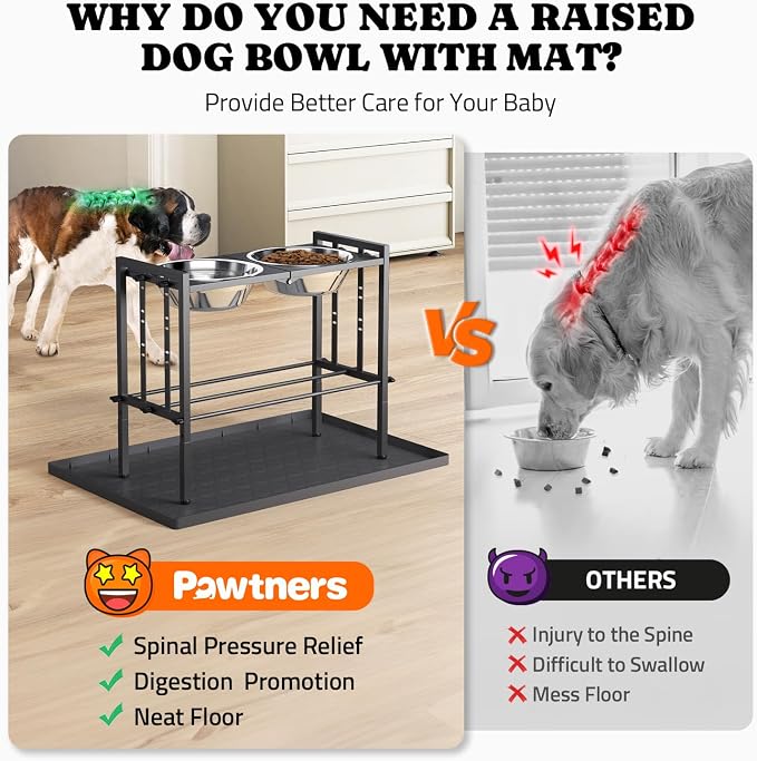 Elevated Dog Bowl for Large Breed, Height Adjustable Feeder with Mat, Black | Adjustable Height at 15°Tilted Angle, Lightweight, Nonslip, All-Iron Structure, Stainless Steel bowls, Easy Assembly Cleaning - Image 4