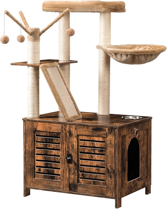 HOOBRO Cat Tree with Litter Box Enclosure, 44" Tall Wooden Cat Tower with Scratching Posts, Cat Hammock, Hidden Litter Box Furniture, All-in-One Indoor Cat Condo, Rustic Brown FG48MZ03 by HOOBRO