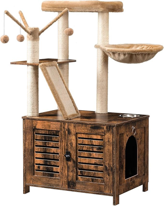 HOOBRO Cat Tree with Litter Box Enclosure, 44" Tall Wooden Cat Tower with Scratching Posts, Cat Hammock, Hidden Litter Box Furniture, All-in-One Indoor Cat Condo, Rustic Brown FG48MZ03 by HOOBRO