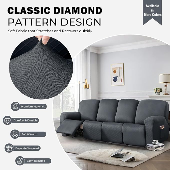 vctops Diamond Recliner Sofa Covers 10-Pieces Stretch Large RV Couch Covers for 4 Seats Reclining Slipcovers Soft Solid Furniture Protector (Grey,4 Seat) - Image 3