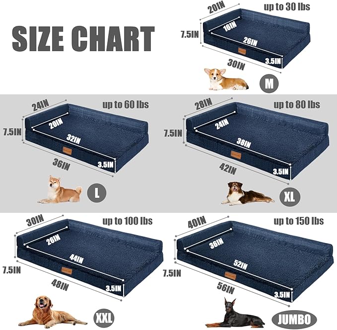 Patas Lague Orthopedic Large Dog Bed Pet Sofa Beds 36''X24'' Navy Blue | L Bolster Egg-Crate Foam Dog Couch For Large Sized Dogs, Waterproof Removable Washable Cover, Pet Mat with Nonskid Bottom - Image 5