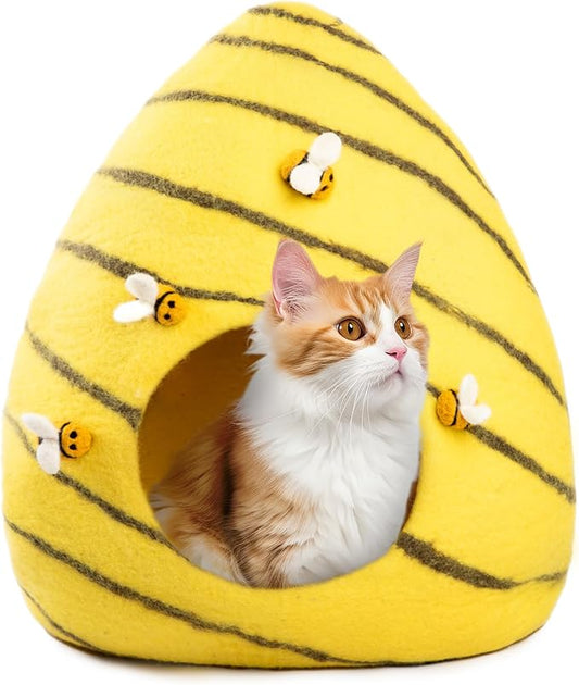 Woolygon Premium Felt Cat Cave Bed – Wool Kitty Beds Handcrafted Kitten Caves Bed for Indoor Cats - Made from Merino Wool, Foldable Cat Hideaway Covered Cat House Pod (Honey Hive) by Woolygon