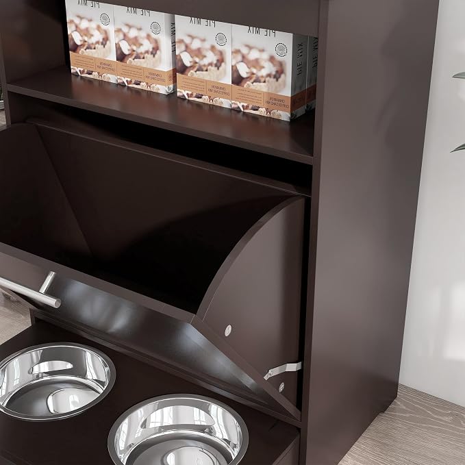 PawHut Dog Feeding Station with Raised Bowls, Pet Feeder Station, Brown | Dog Food Storage Cabinet, Hanger for Feeding & Watering Supplies - Image 8
