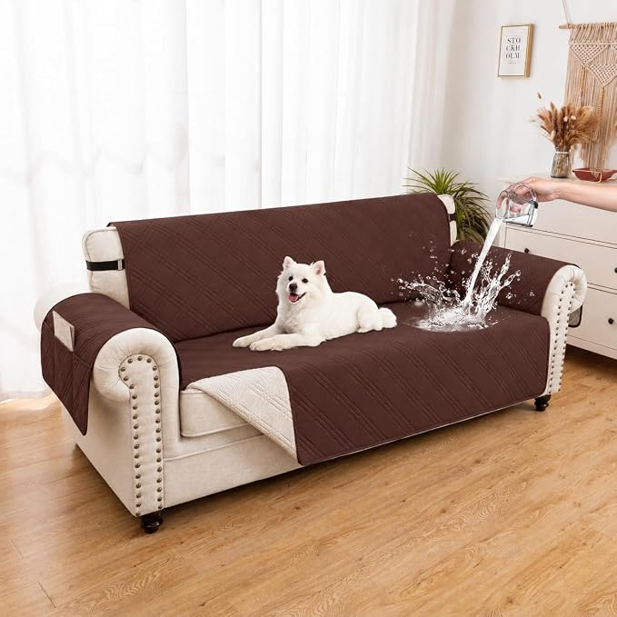 100% Waterproof Couch Cover for Dogs, Washable Anti-Slip Sofa Cover with Elastic Straps & Side Pockets, Quilted Furniture Protector for Kids & Pets (3 Cushion 68", Coffee) by Unknown