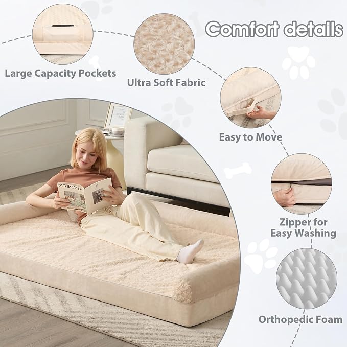 BFPETHOME Orthopedic Washable Human Dog Bed for Adult & Dog Cozy Sleep | Human Size Waterproof Big Soft Pet Couch Bed for Adult & Dogs Relax with Removable Cover Supportive Foam Beige 71x46 Inch - Image 2