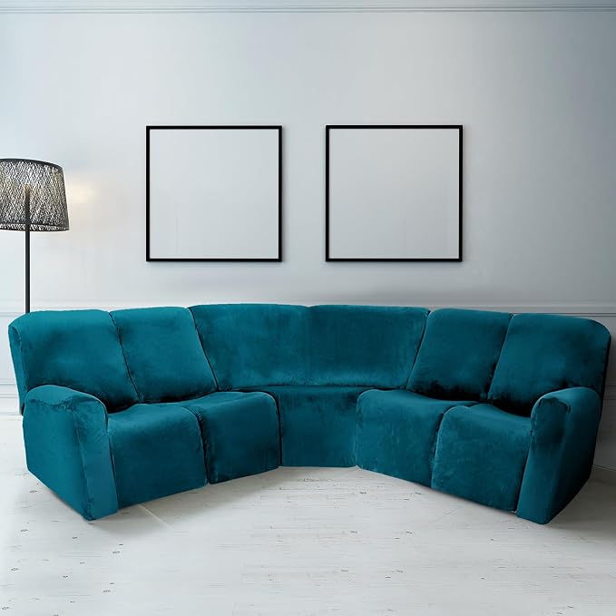 Peryiter 7 Pcs L Shape Sectional Recliner Sofa Covers 5 Seat Sectional Couch Covers Milk Silk Velvet Stretch Reclining Sofa Slipcover Furniture Protector for Living Room(Deep Teal,Velvet) - Image 2