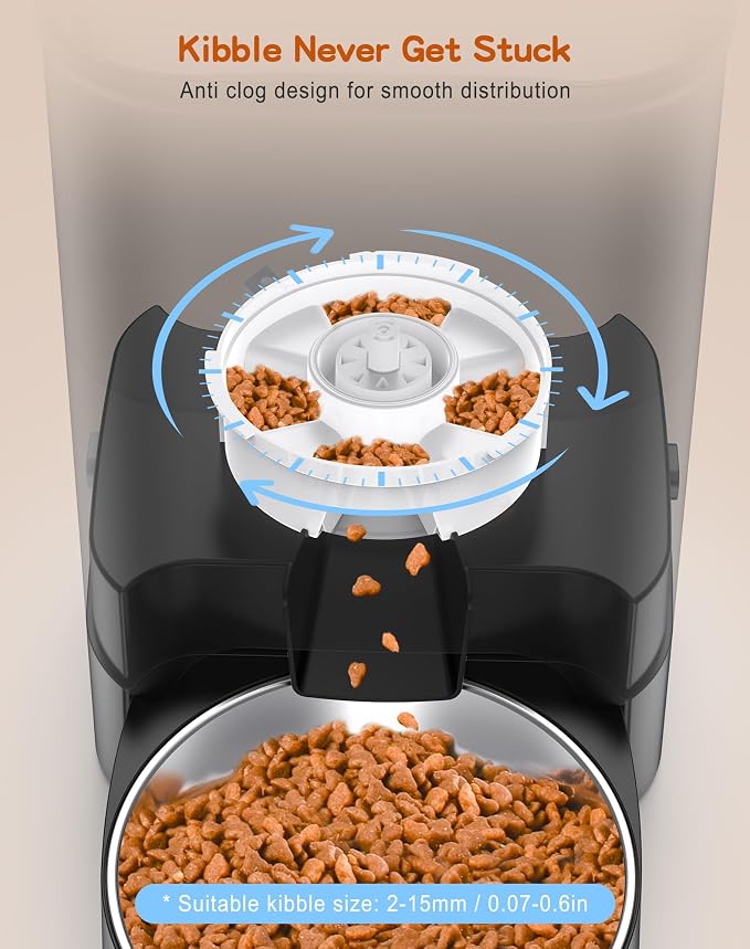 HoneyGuaridan 3.5L Automatic Cat Feeder for Two Cats, Food Dispenser with Stainless Steel Bowl,Timed Cat Feeder Programmable 1-6 Meals Control, Dual Power Supply,10s Meal Call Black - Image 7
