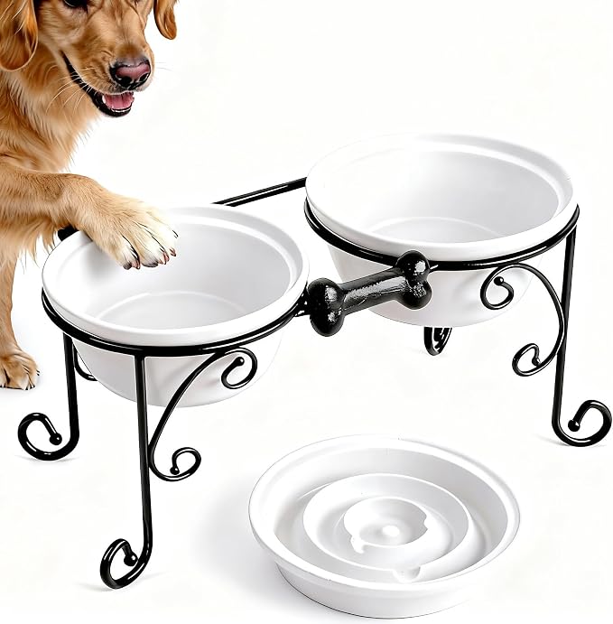 Elevated Dog Bowl Stand with 3 Large Ceramic Bowls – Raised Feeding Station for Medium & Large Dogs, Includes 2 Standard Bowls + 1 Slow Feeder, Durable Iron Frame, Non-Slip (White) by BestVida