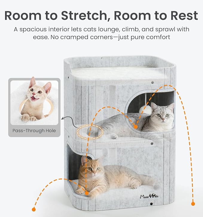 Made4Pets Cat House for Indoor Use, 2-Storey Cube Bed Cave, Covered Hideaway Condo with Scratch-Resistant Felt, Foldable Easy-to-Clean Design for Multi-Cat Homes, Marble White - Image 6