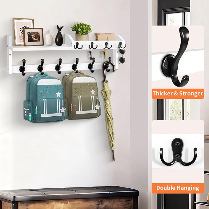 Coat Rack Wall Mount with Shelf, 27.5" Entryway Wall Hanging Shelf, Coat and Key Hanger with 10 Dual Hooks, Mail Organizer and Key Holder Hat Rack for Wall, Wood Coat Hooks with Storage - Image 4