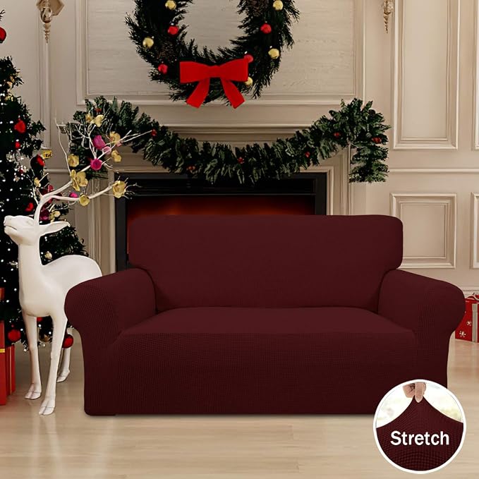Easy-Going Stretch Loveseat Couch Covers Washable Wine | 1-Piece Loveseat Covers for 2 Cushion Couch Furniture Protector RV Sofa Slipcover Soft with Bottom for Kids Pets - Image 2
