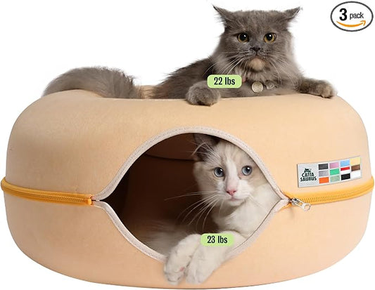 Cattasaurus Peekaboo Cat Cave Donut for Multiple & Large Cats up to 30-45 lbs, 3-in-1 Self Warming Cat Bed, Tunnel & Scratcher for Indoor Cats, Washable & Detachable Dog Bed (Pastel Macaron, Large) by Cattasaurus