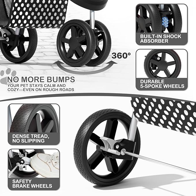 MoNiBloom 3 Wheels Pet Dog Cat Stroller for Small Medium Dogs Cats, Foldable Jogger Stroller w/Storage Basket and Cup Holder, Black Polka Dots