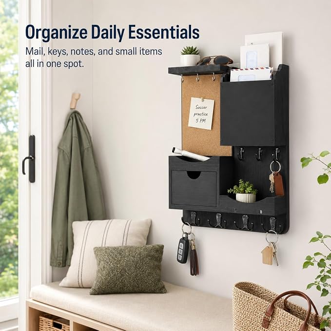 Key Holder Wall Mount, Mail Organizer Key Holder for Wall with Shelf, Drawer, Chalkboard, Corkboard, Home Decor Mounted for Room Entryway (Black) - Image 8