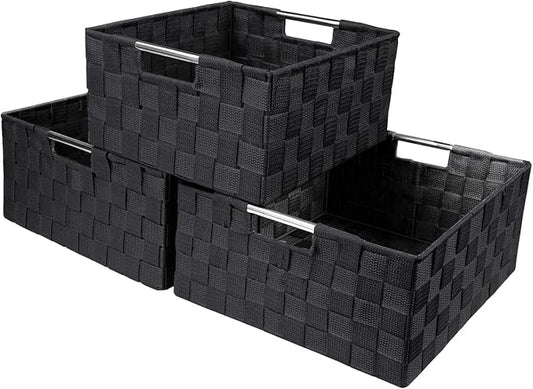 Sorbus Storage Box Woven Basket Bin Container Tote Cube Organizer Set Stackable Storage Basket Woven Strap Shelf Organizer Built-In Carry Handles (Black) by Sorbus