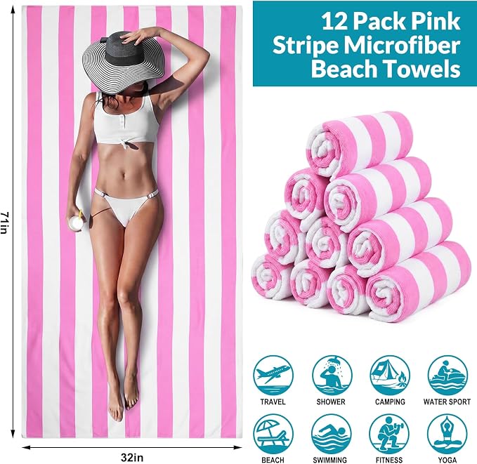 Frienda 12 Pack Pink Striped Beach Towels 71''x 32'' Large Microfiber Quick Dry Absorbent Bath Towels for Swimming Pool Beach Cruise Travel Gym Supplies - Image 2
