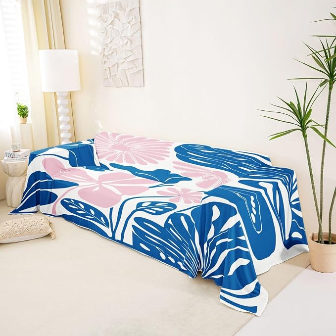 Erosebridal Pink Blue Flower Sofa Cover Boho Floral Couch Cover Abstract Retro Minimalist Sofa Slipcover for Couches and Sofas Vintage 70S Modern Washable Non Slip Sofa Protector, 71" X 150" - Image 2