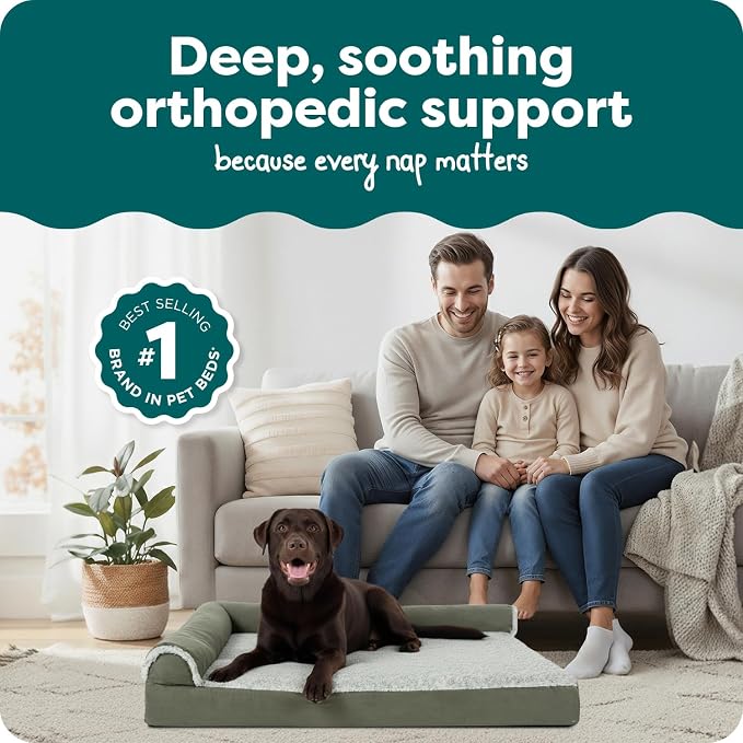 FurHaven Orthopedic Dog Bed for Large Dogs, L-Shaped Chaise Mattress with Orthopedic Egg Crate & Solid Orthopedic Foam Base for Joint Support, Washable Cover, Jumbo XL, Faux Fur & Suede, Dark Sage - Image 2