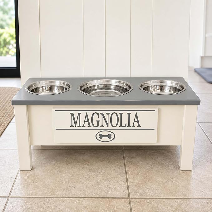 3 Bowl Dog Feeding Station, Personalized Triple Bowl Food Stand Large Dogs | Farmhouse Style, Elevated Wood Stand, Storage Container, Stainless Steel Bowls, Raised Feeder, Large Breed, Made in USA - Image 3
