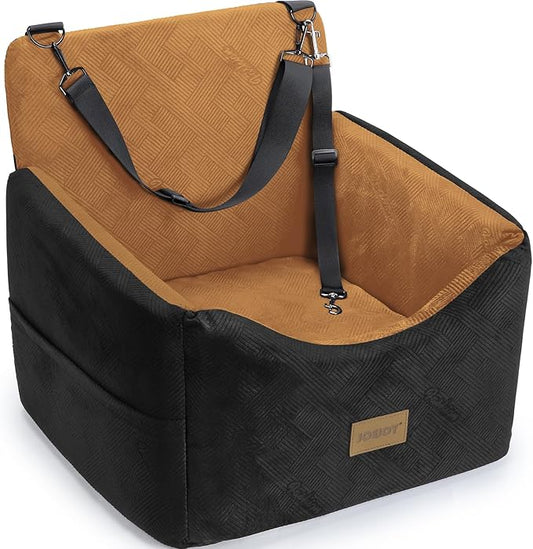 JOEJOY Dog Car Seats for Small Medium Dogs Under 35lbs, Dog Booster Seat with Detachable Washable Cover and Cushion, Memory Foam Pet Car Seat with Safety Belt and Storage Pockets (Brown)