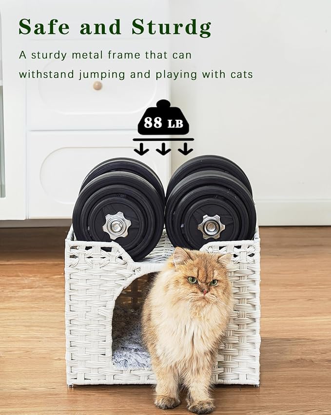 SETVSON Cat Beds Indoor Kitten House, Handwoven Rattan Cave, White | 2-in-1 Kitty Condo with Top Perch & Bottom Cave, Furry Canvas Dual Cushion, 2 S-Hooks, Steel Frame, 16.5x16.5x13.2 In - Image 3