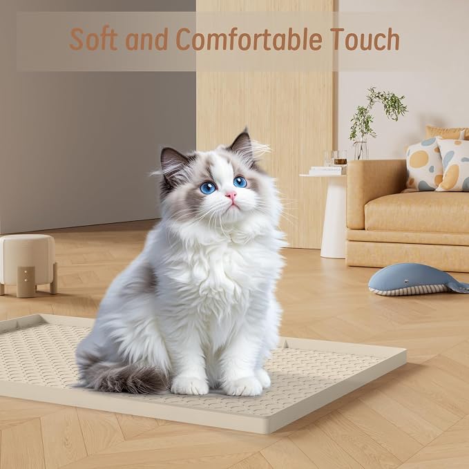 Large Cat Litter Mat 34"x22", Cat Litter Trapping Mat For Litter Box, Silicone Pet Feeding Mat With Raised Edges Waterproof, Beige - Image 8