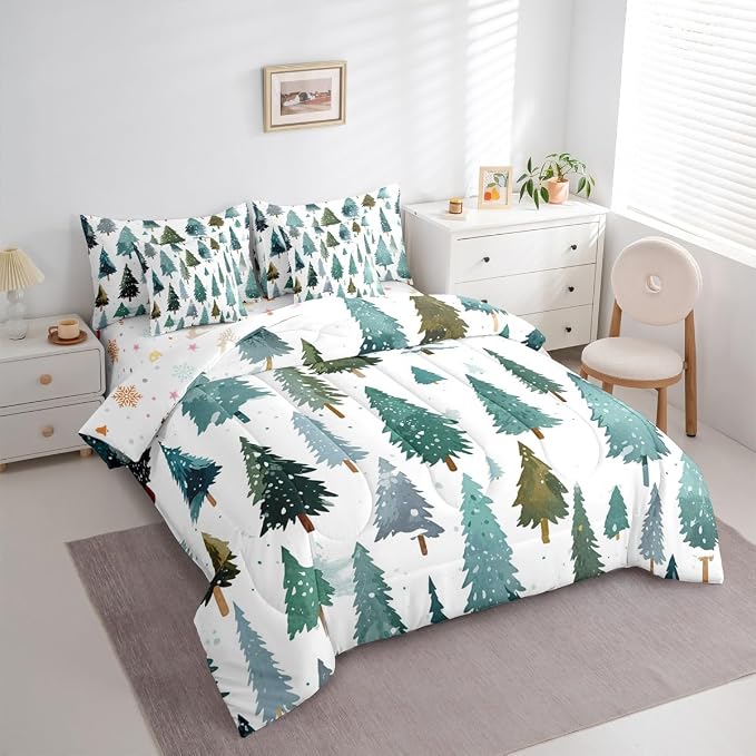 Erosebridal Christmas Tree King Comforter Set with Sheets 7 Piece Green Xmas Pine Tree Bed in A Bag Forest Snowy Nature Scene Bedding Sets for Teens Winter Holiday Christmas Bed Set Happy New Year - Image 4