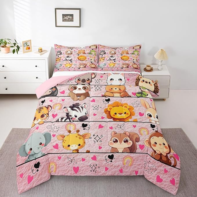 Manfei Cartoon Animals Bed Comforter Set Queen Size,Cute Wildlife Animals Super Soft Microfiber Bedding Set for Adults Men,Zebra Tiger Giraffe Girly Pink Decorative Comforter Set,3 Pcs - Image 2
