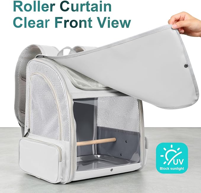 Bird Carrier Backpack for Small to Meidum Bird, Portable Travel Carrier Cage with Standing Perch and Metal Tray (Grey, Backpack Carrier) - Image 5