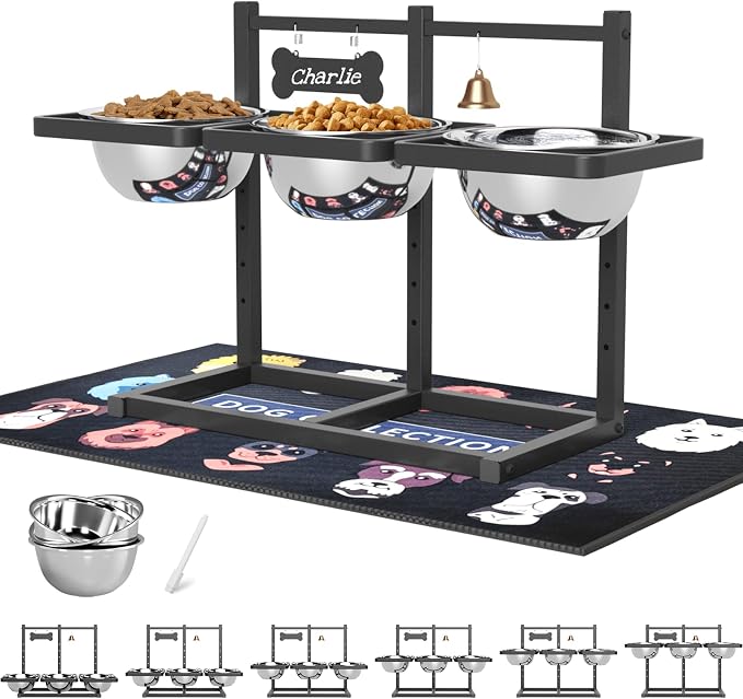 SHAINFUN Elevated Dog Bowls Stand for Medium/Large Dogs with Mat, 6 Height Adjustable Raised Dog Bowl, Three 58oz Food Water Bowls by SHAINFUN