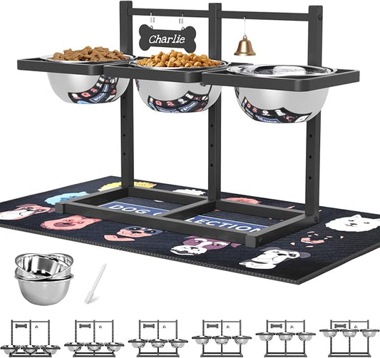 SHAINFUN Elevated Dog Bowls Stand for Medium/Large Dogs with Mat, 6 Height Adjustable Raised Dog Bowl, Three 58oz Food Water Bowls by SHAINFUN