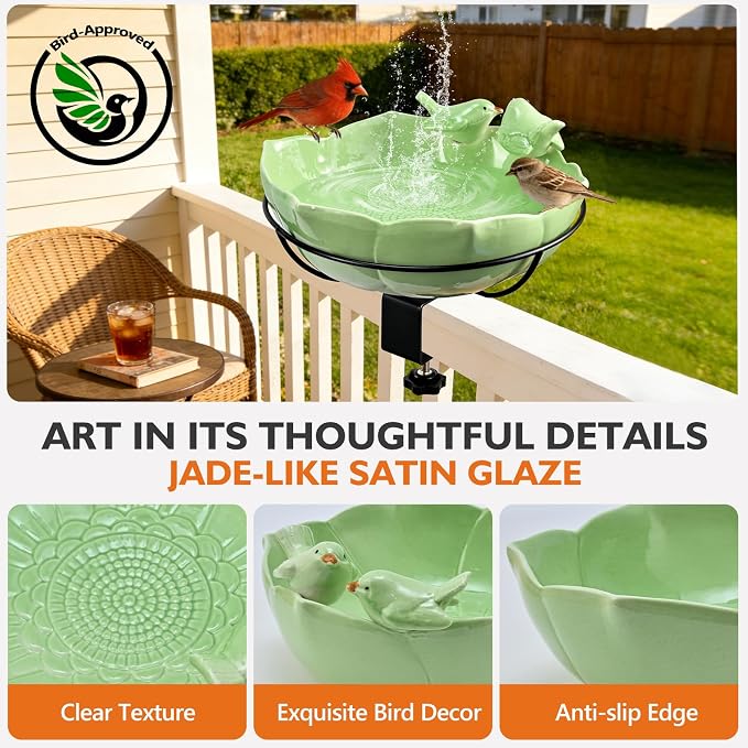 Glazed Ceramic Bird Bath for Deck Railing, 11 Inch Outdoor Bird Feeder Bowl with Adjustable Clamp, Easy Install Balcony/Patio Birdbath for Outside Garden Backyard Decoration, Green - Image 3