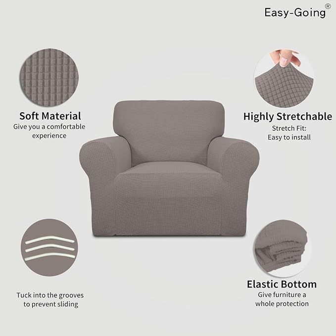 Easy-Going Stretch Chair Slipcover with Arm Washable Taupe | 1-Piece Couch Sofa Cover Furniture Protector for Living Room Soft with Bottom For Kids, Pet. Spandex Jacquard - Image 3