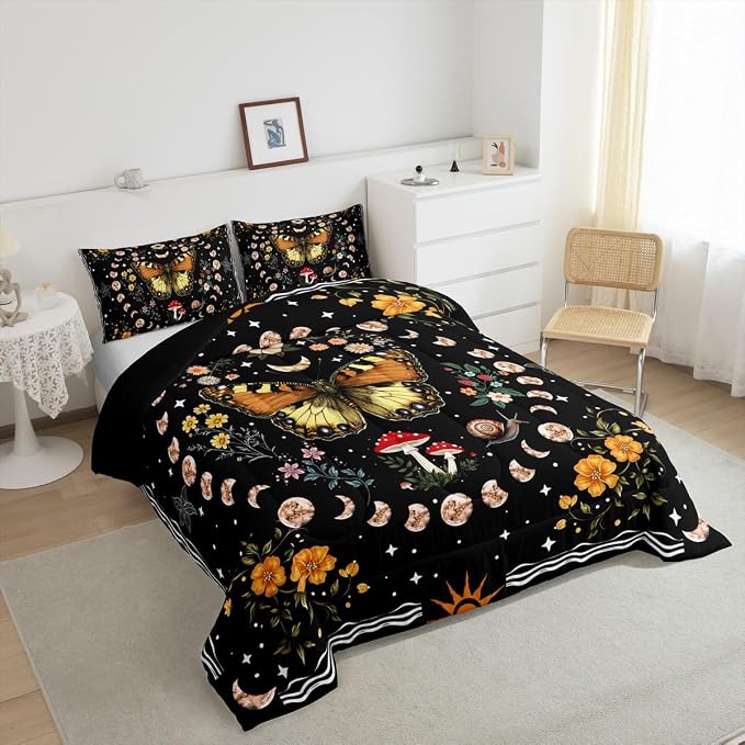 Manfei Bohemia Mushroom Comforter Set Toddler Size,Exotic Botanical Floral Bedding Set for Kids Girls Boys Room Decor,Starry Sky Galaxy Soft Duvet Insert for All Season,1 Pillowcase,Black Brown - Image 6