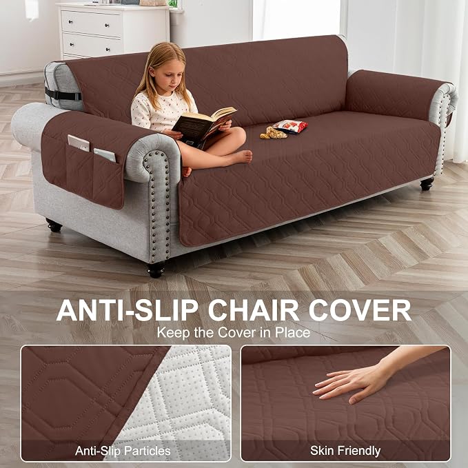 100% Waterproof Couch Cover,Straps&Pockets,pet Friendly,78" Coffee | Washable sofa cover, pet-friendly, scratch-resistant furniture protector, quilted sofa cover, reversible, non-slip backing. - Image 4