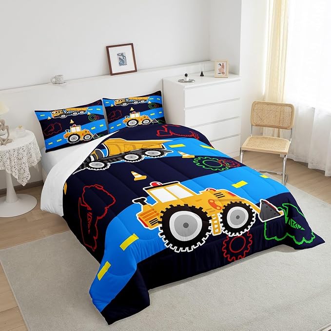 Kids Excavator Construction Vehicle Bedding Set - King Size, Cartoon Trucks & Machinery, Bulldozer, Tractor, Colorful - Image 4