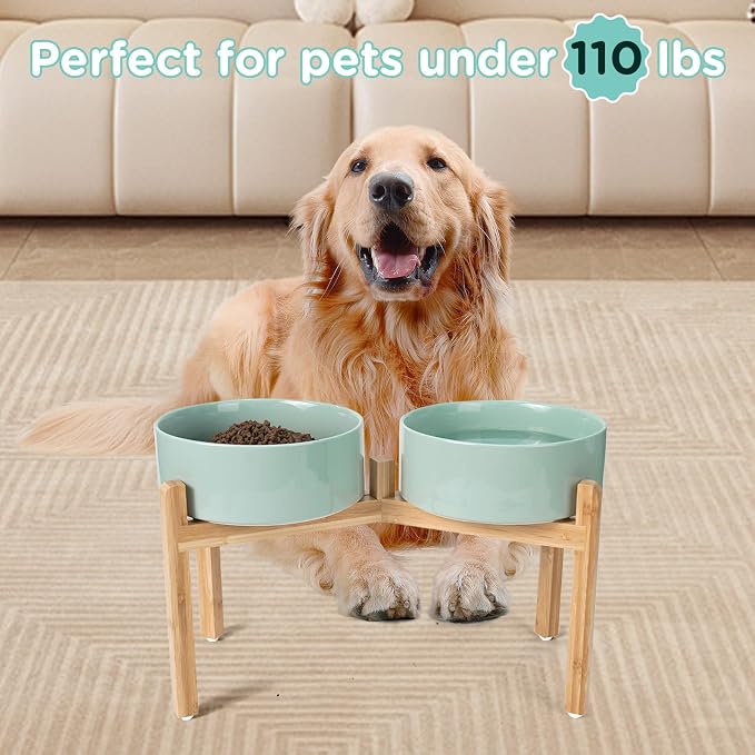 SPUNKYJUNKY Elevated Dog Bowls Ceramic, 8.3'' Dogs Food Water Bowls Raised with Non-Slip Bamboo Stand for Large Sized Breed Microwave Dishwasher Safe - 60 OZ,Light Green - Image 7