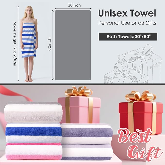 JML Bath Towels, Pack of 4, 30"x60", Large Microfiber Towel Set, Ultra Soft, Super Absorbent, Fast Drying, Perfect for Suana, Shower, Pool, Sport, Travel, Fitness, SPA,Yoga, Cabana Stripe Blue - Image 2